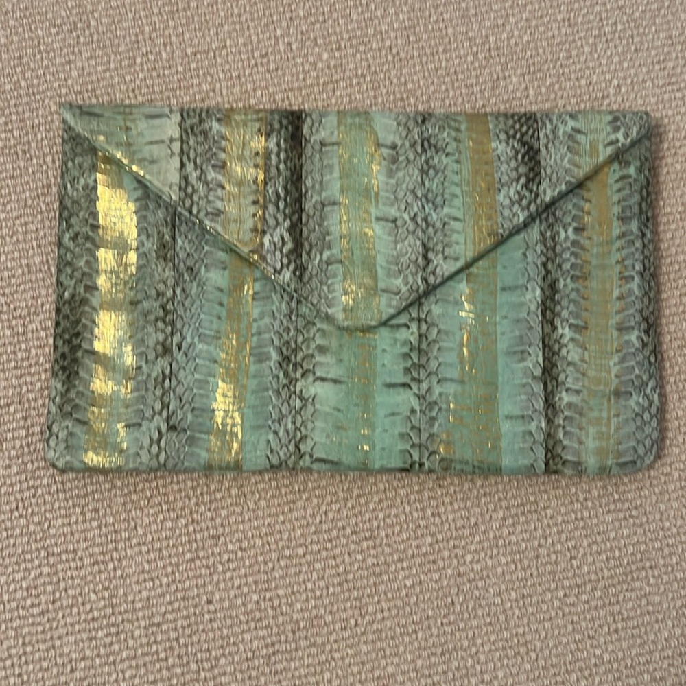 Turquoise & gold snakeskin envelope clutch